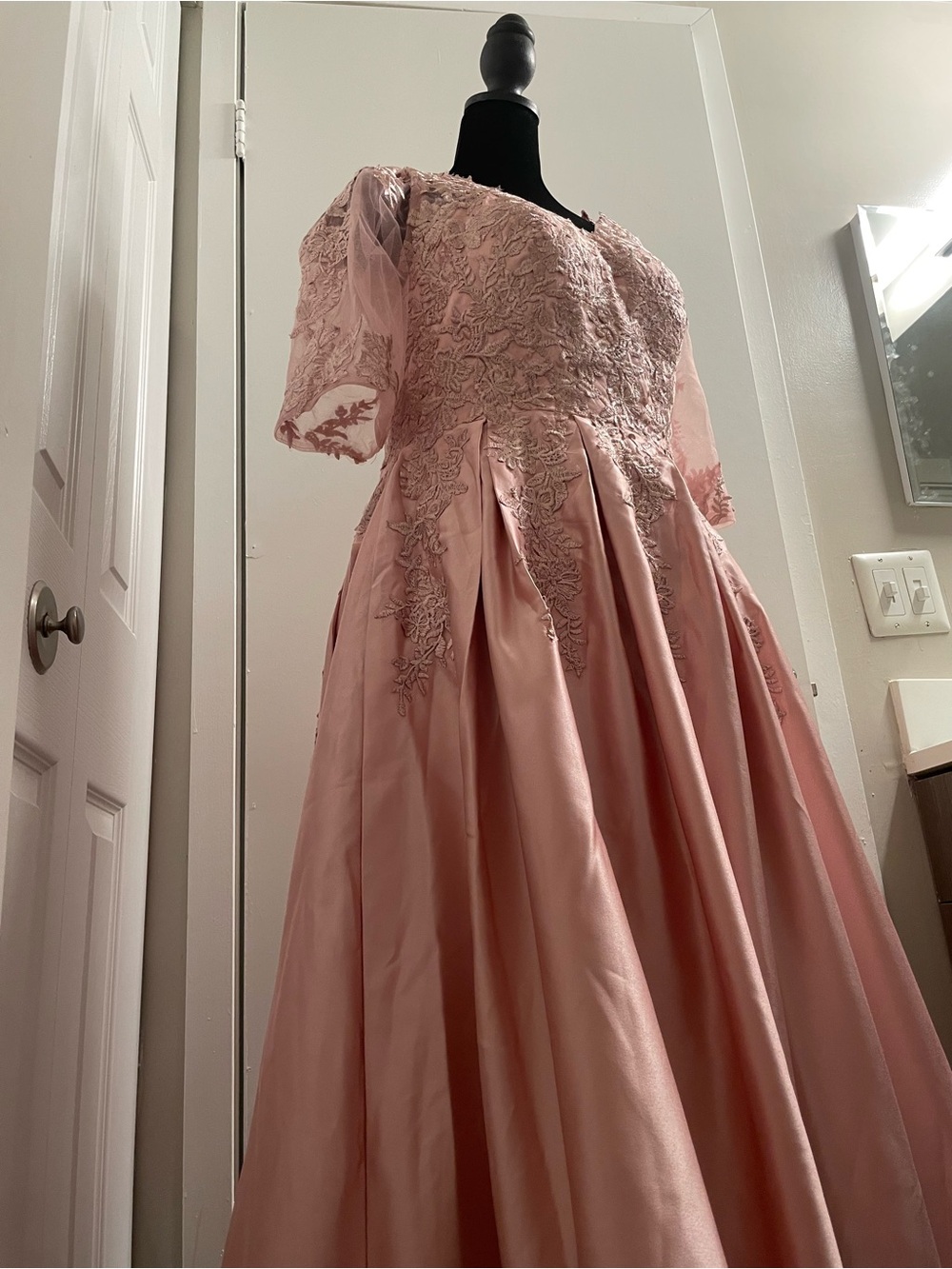 Blush Pink Lace & Satin Evening Gown with pockets & lace up corset